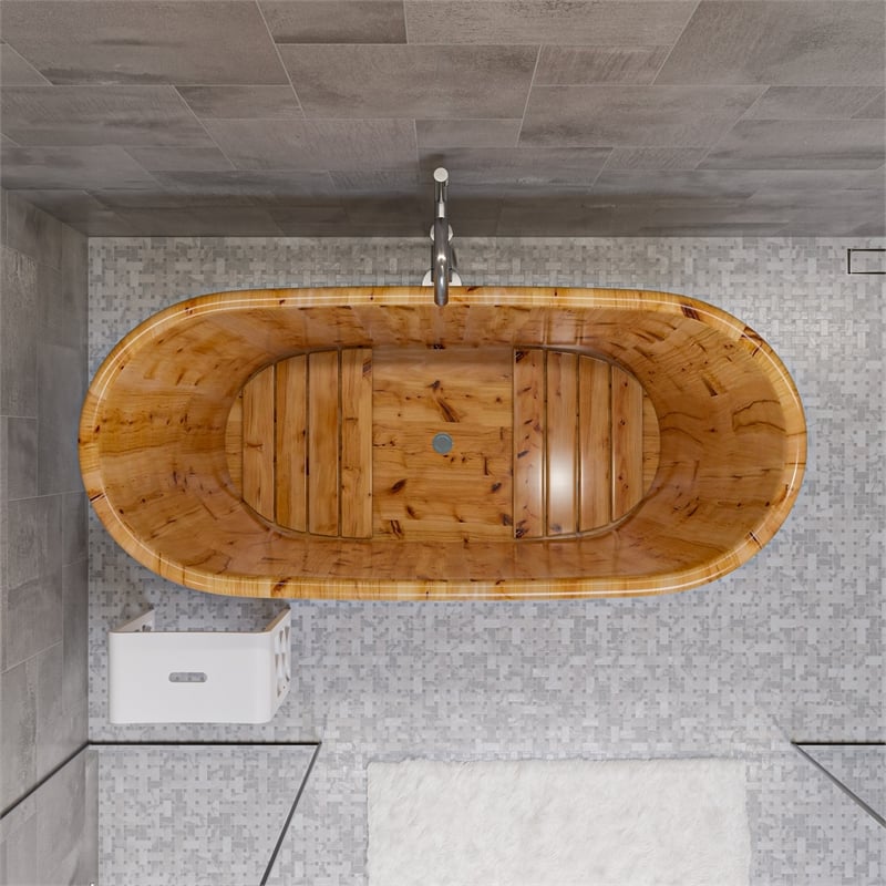 Pemberly Row 63 Inch Free Standing Cedar Wooden Bathtub in Natural