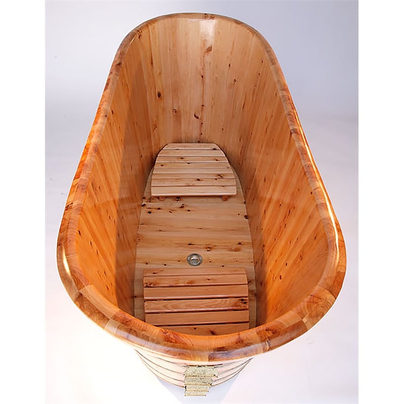 Pemberly Row 63 Inch Free Standing Cedar Wooden Bathtub in Natural