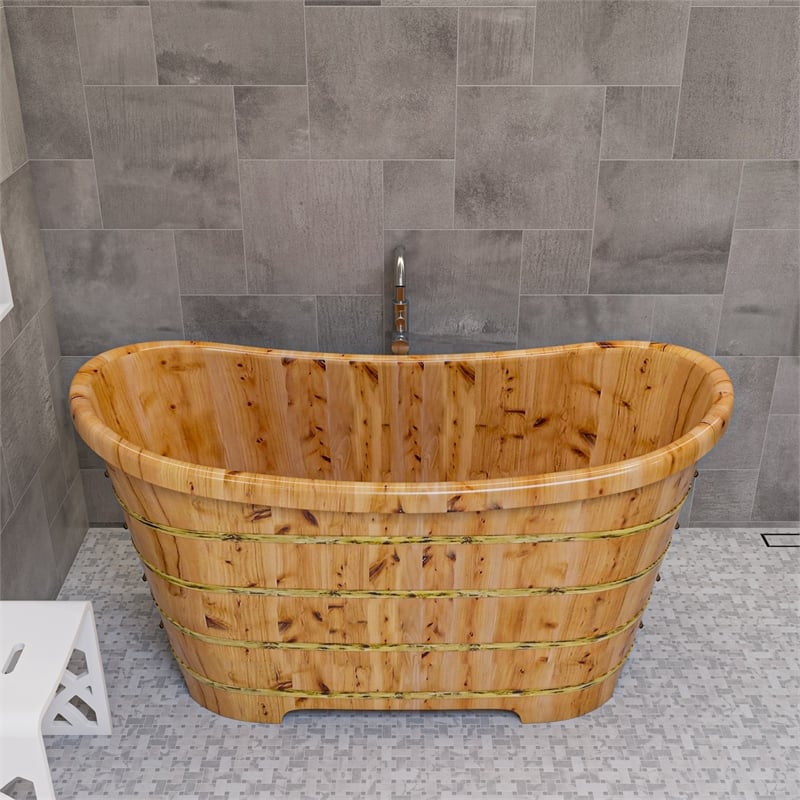 Pemberly Row 63 Inch Free Standing Cedar Wooden Bathtub in Natural