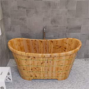Pemberly Row 63 Inch Free Standing Cedar Wooden Bathtub in Natural