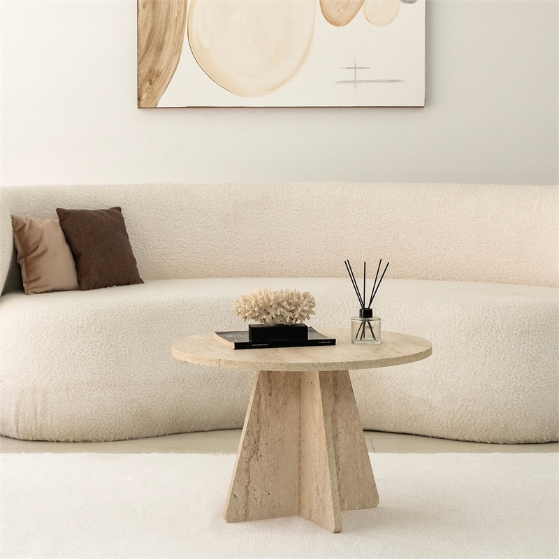 Pemberly Row Marble Coffee Table in Travertine Beige Finish