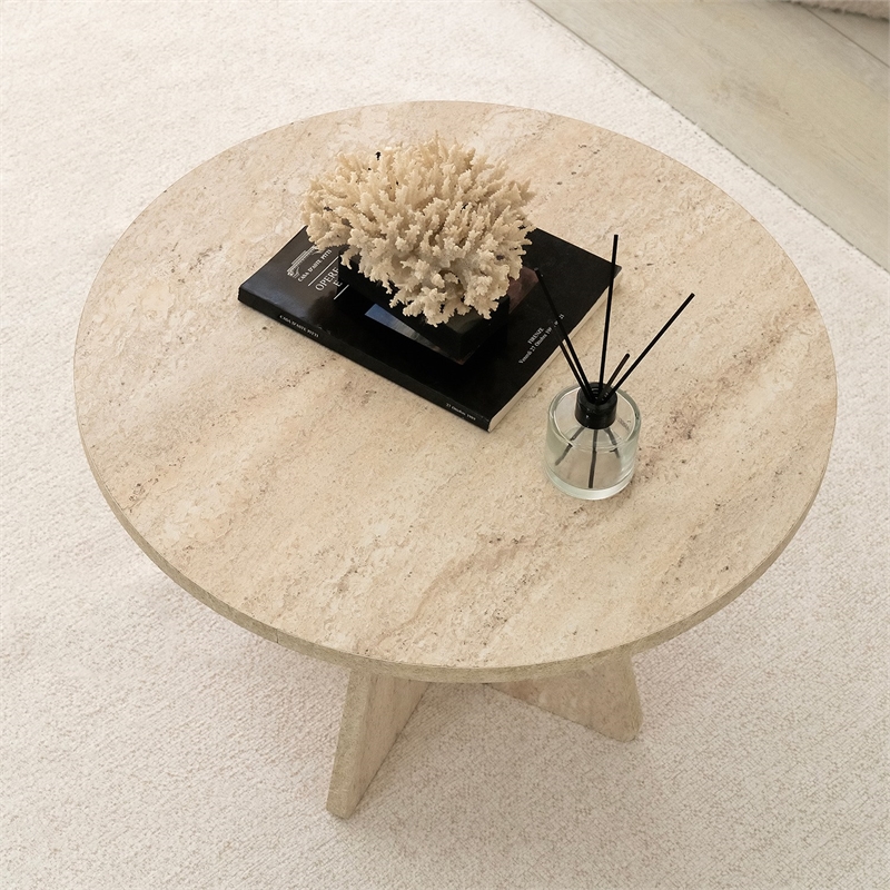 Pemberly Row Marble Coffee Table in Travertine Beige Finish