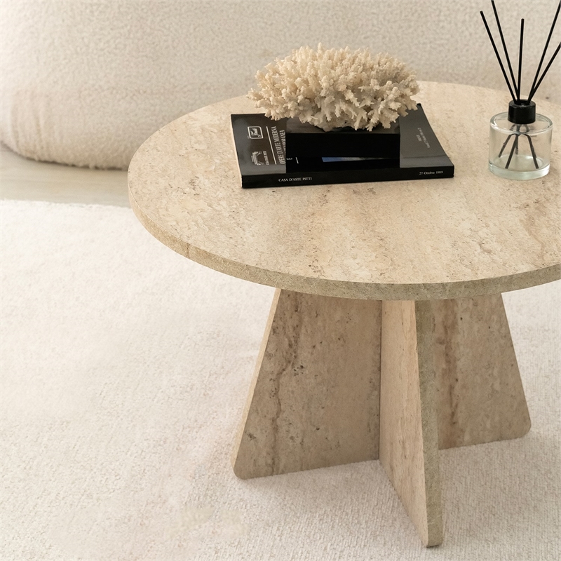 Pemberly Row Marble Coffee Table in Travertine Beige Finish