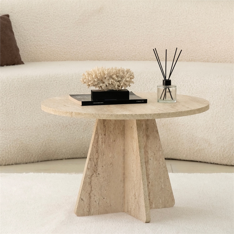 Pemberly Row Marble Coffee Table in Travertine Beige Finish