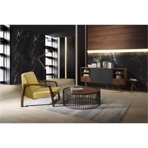 Pemberly Row Round Modern Walnut and Metal Coffee Table in Black Finish