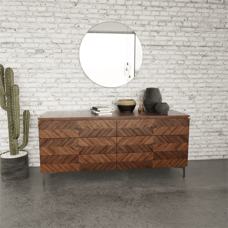 Pemberly Row Mid Century Walnut and Black Dresser with 6 Drawers