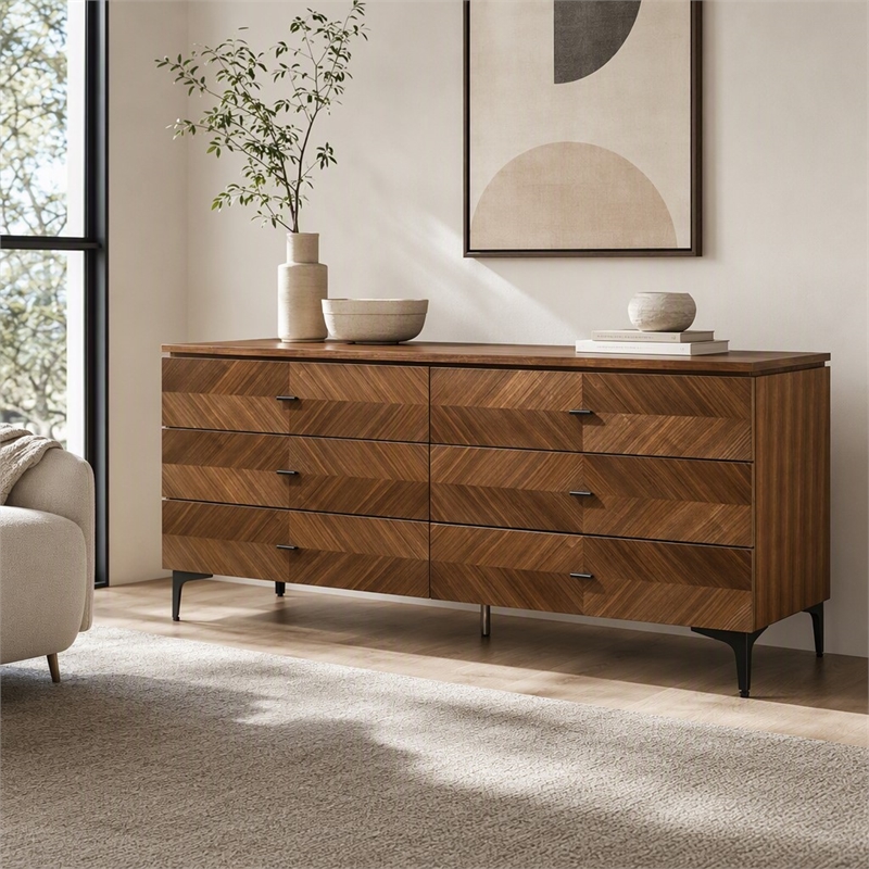 Pemberly Row Mid Century Walnut and Black Dresser with 6 Drawers