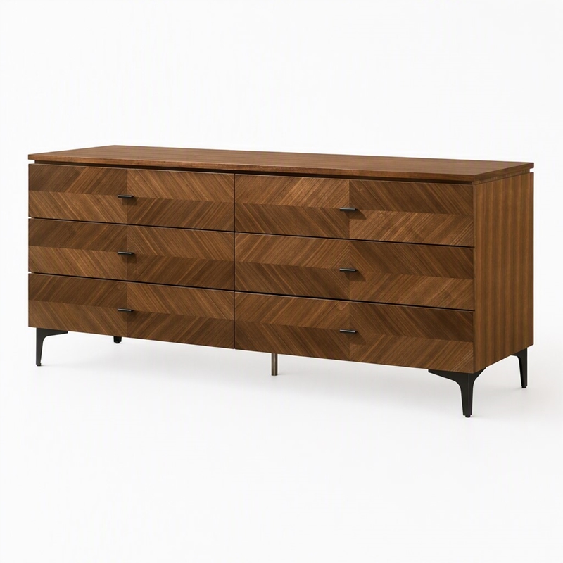 Pemberly Row Mid Century Walnut and Black Dresser with 6 Drawers
