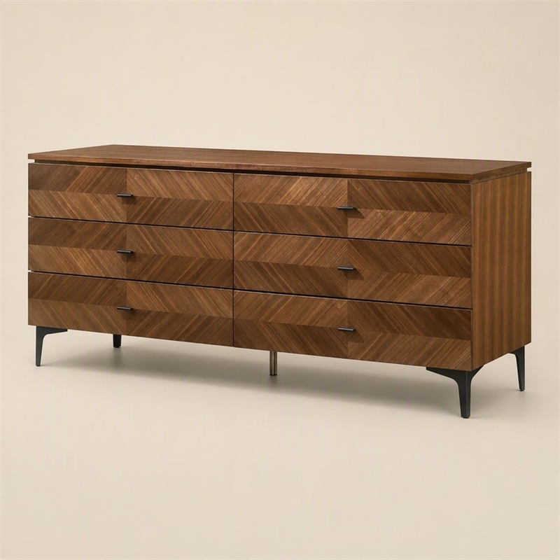 Pemberly Row Mid Century Walnut and Black Dresser with 6 Drawers