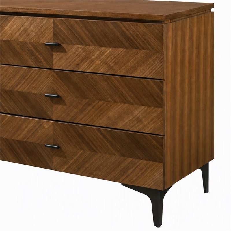 Pemberly Row Mid Century Walnut and Black Dresser with 6 Drawers