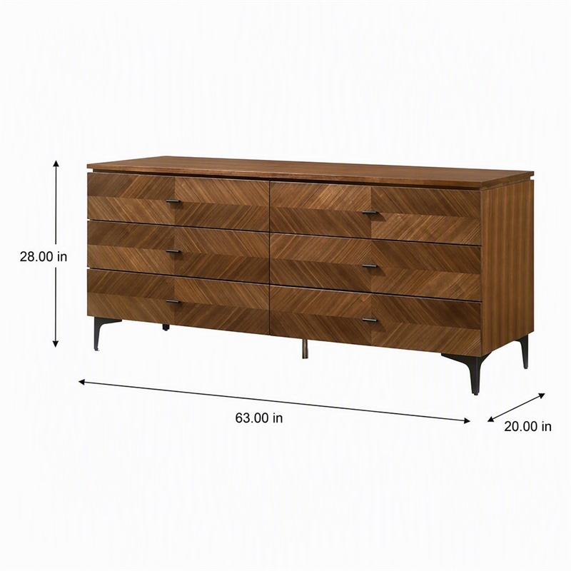 Pemberly Row Mid Century Walnut and Black Dresser with 6 Drawers