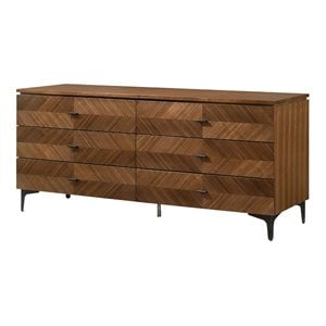 Pemberly Row Mid Century Walnut and Black Dresser with 6 Drawers