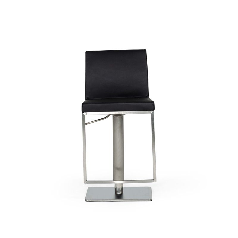 Pemberly Row Adjustable Faux Leather Bar Stool with Stainless Steel in Black