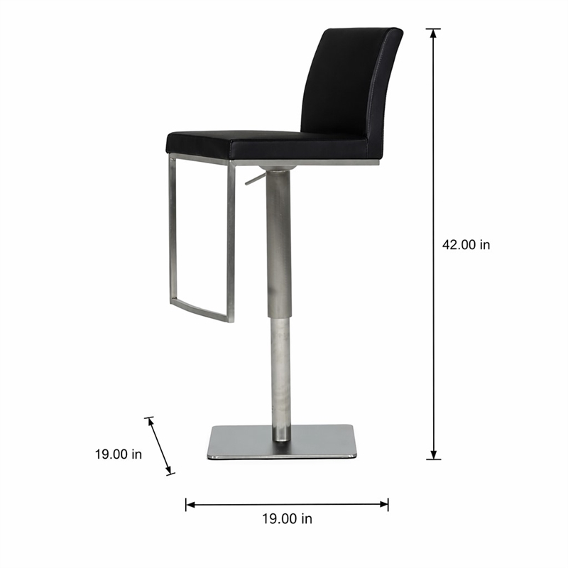 Pemberly Row Adjustable Faux Leather Bar Stool with Stainless Steel in Black
