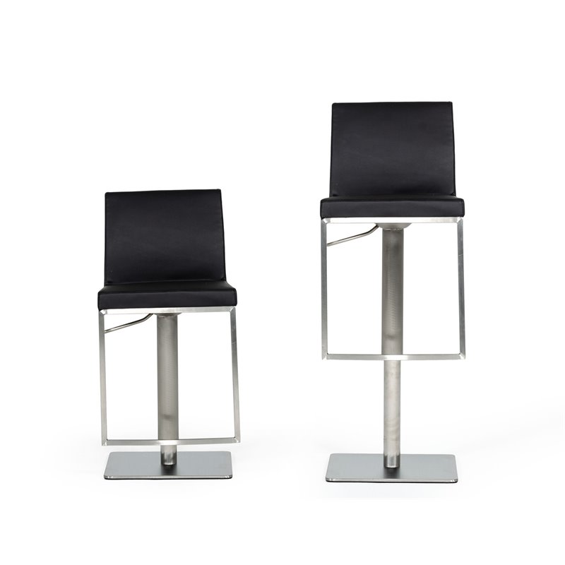 Pemberly Row Adjustable Faux Leather Bar Stool with Stainless Steel in Black