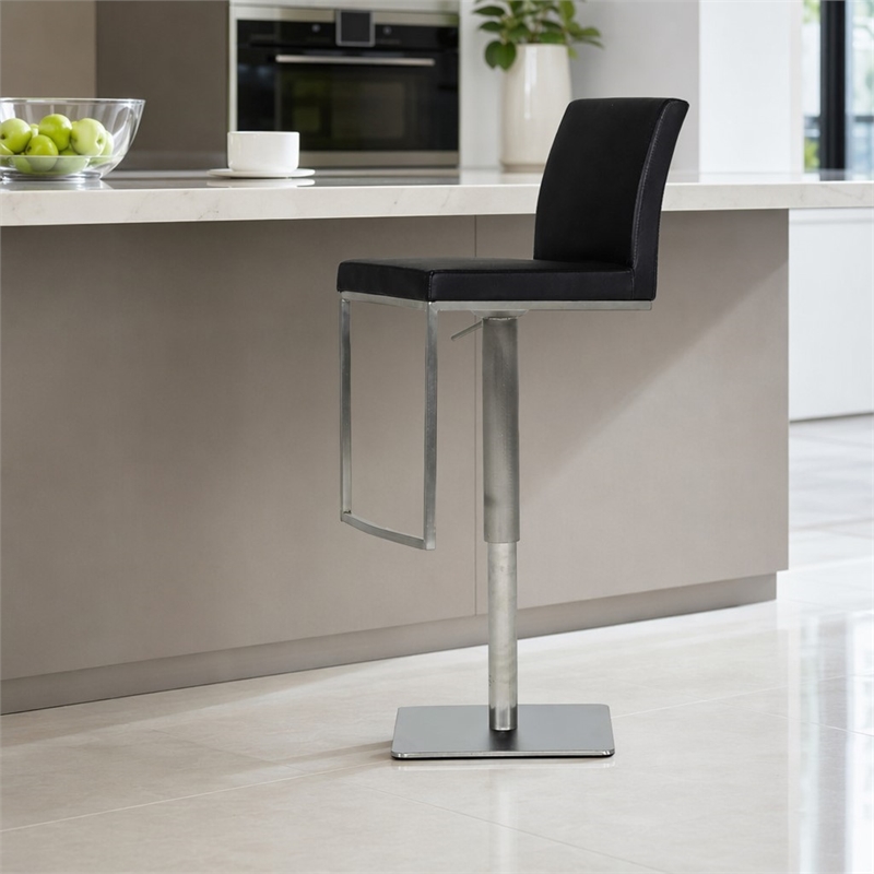 Pemberly Row Adjustable Faux Leather Bar Stool with Stainless Steel in Black