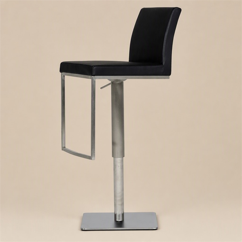 Pemberly Row Adjustable Faux Leather Bar Stool with Stainless Steel in Black