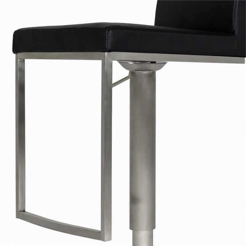 Pemberly Row Adjustable Faux Leather Bar Stool with Stainless Steel in Black