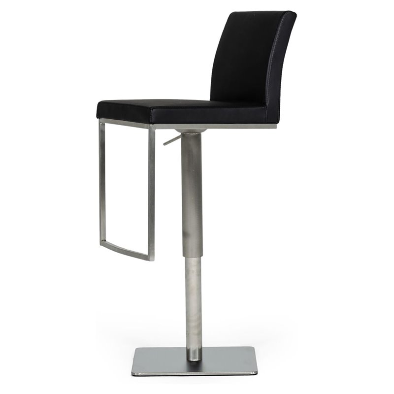 Pemberly Row Adjustable Faux Leather Bar Stool with Stainless Steel in Black