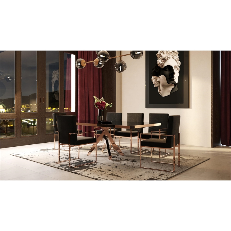 Pemberly Row Velvet Upholstered Dining Chair in Black and Rose Gold