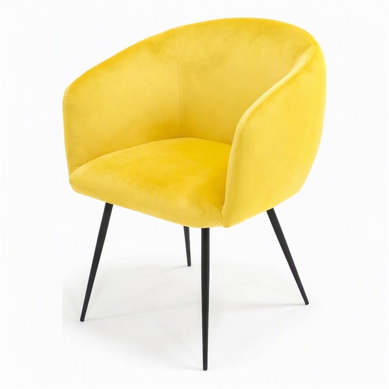 Pemberly Row Velvet and Matte Black Dining Chair in Yellow with Carved Back