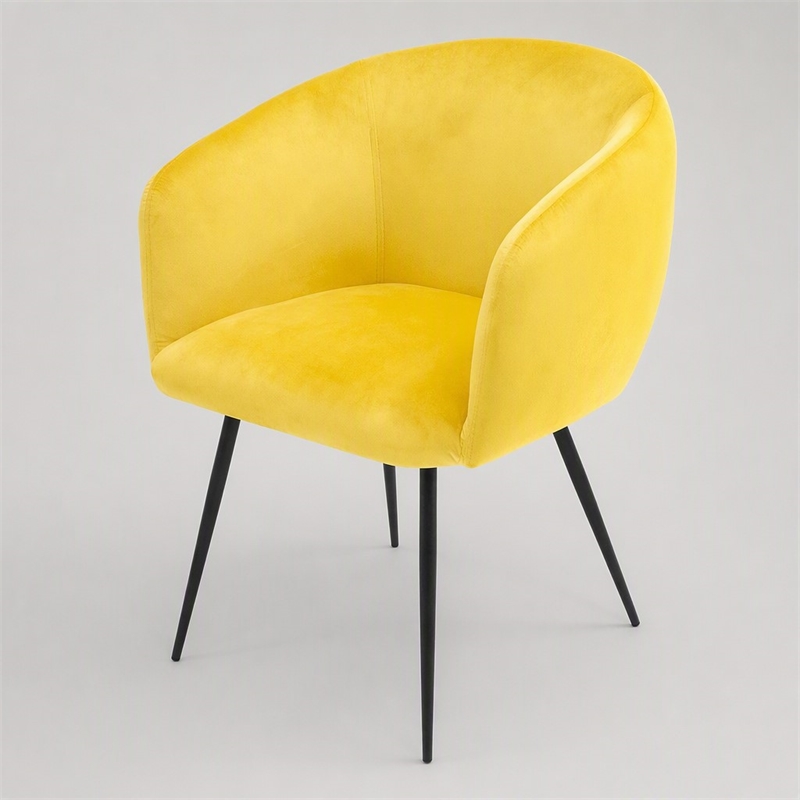 Pemberly Row Velvet and Matte Black Dining Chair in Yellow with Carved Back
