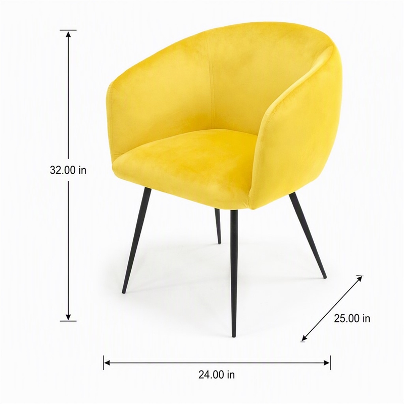 Pemberly Row Velvet and Matte Black Dining Chair in Yellow with Carved Back