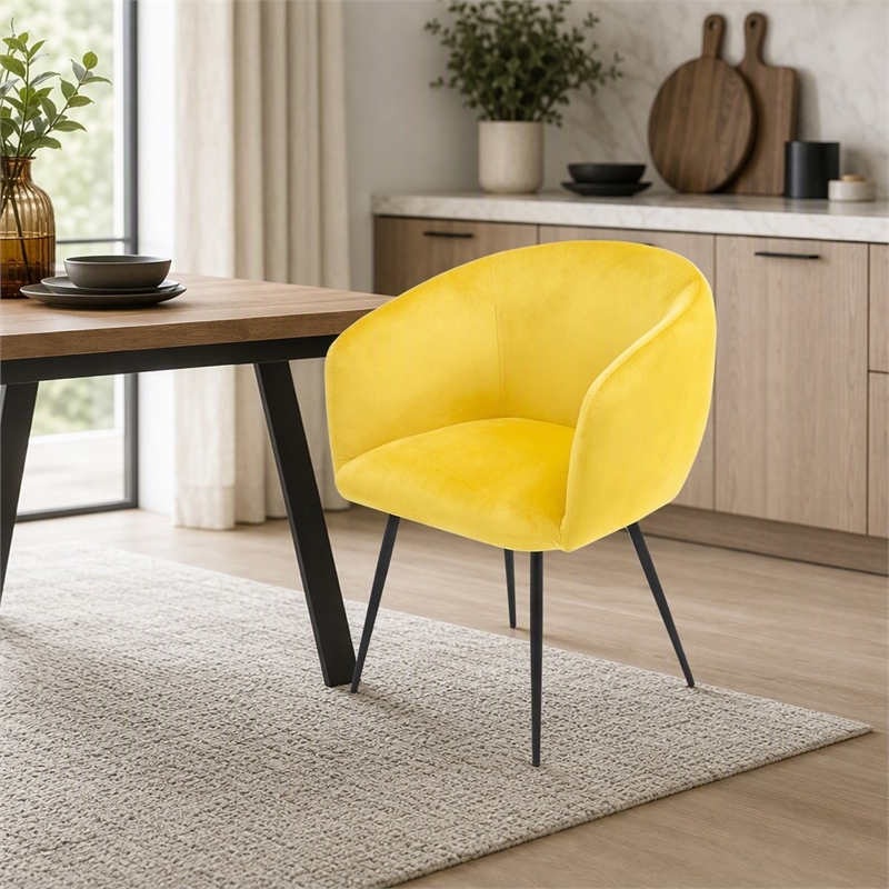 Pemberly Row Velvet and Matte Black Dining Chair in Yellow with Carved Back