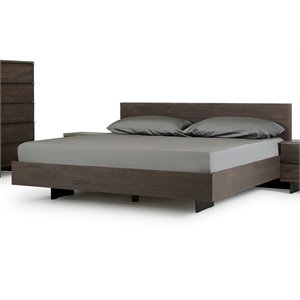 Pemberly Row Solid Aged Oak Queen Bed with Black Steel Legs in Brown