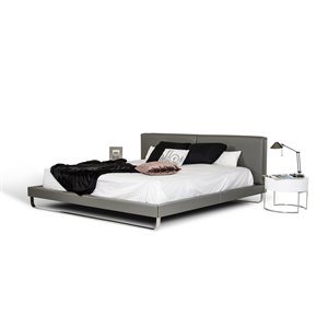 Pemberly Row Gray Faux Leather Queen Bed with Stainless Steel Accent
