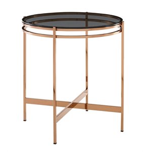 Pemberly Row Round Metal and Glass End Table in Rose Gold and Black