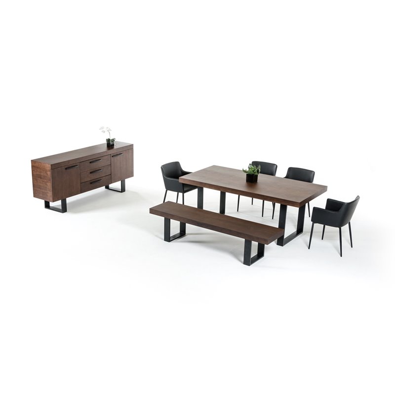 Pemberly Row 3 in Thick Rectangular Wood & Metal Dining Table in Walnut