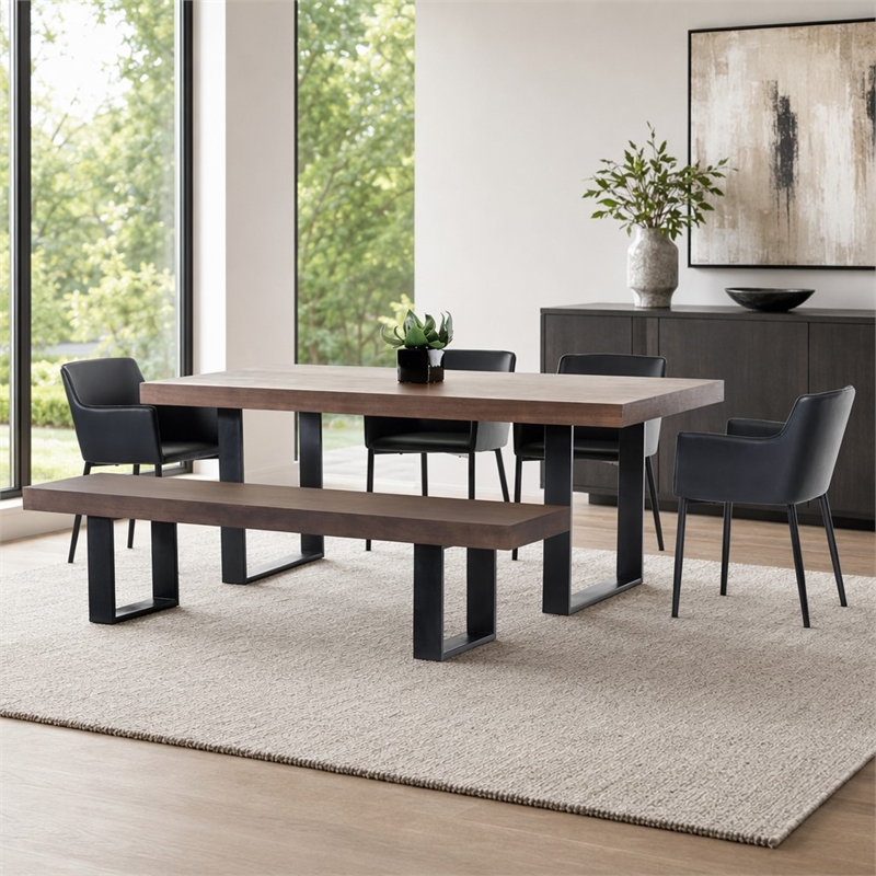 Pemberly Row 3 in Thick Rectangular Wood & Metal Dining Table in Walnut