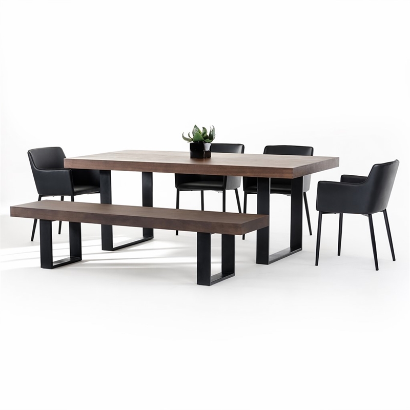 Pemberly Row 3 in Thick Rectangular Wood & Metal Dining Table in Walnut