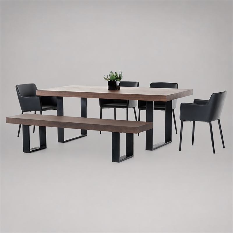 Pemberly Row 3 in Thick Rectangular Wood & Metal Dining Table in Walnut