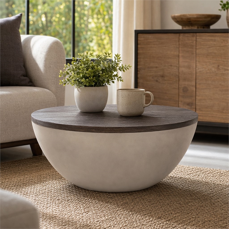 Pemberly Row Modern Round Concrete and Solid Wood Coffee Table Grey/Brown