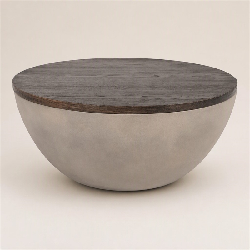 Pemberly Row Modern Round Concrete and Solid Wood Coffee Table Grey/Brown