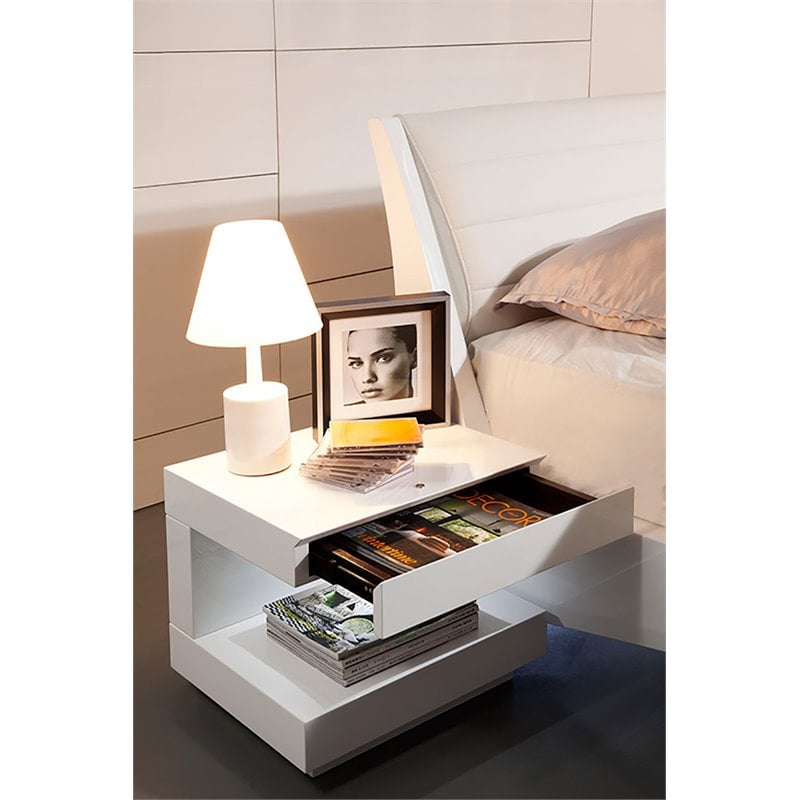 Pemberly Row Modern C-Shaped LED MDF Wood Nightstand in White Finish