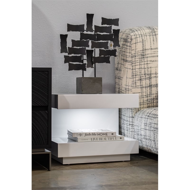 Pemberly Row Modern C-Shaped LED MDF Wood Nightstand in White Finish