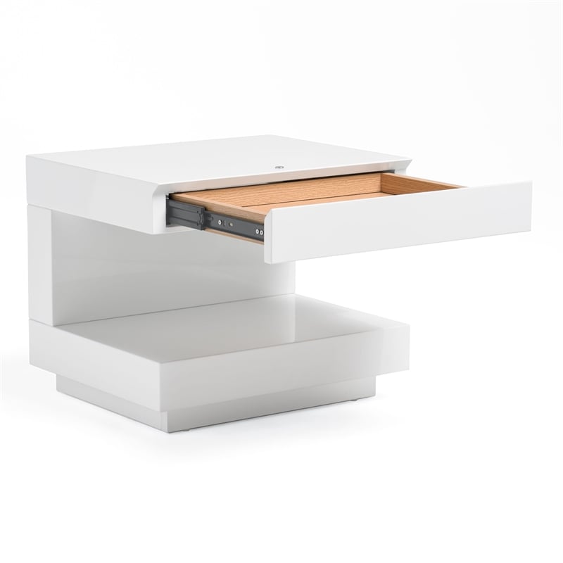 Pemberly Row Modern C-Shaped LED MDF Wood Nightstand in White Finish
