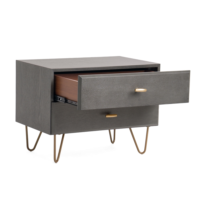 Pemberly Row Modern Nightstand with Veneer Wood and Metal in Gray/Gold