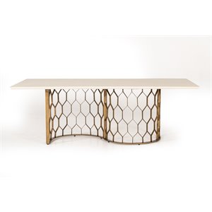 Pemberly Row Metal and Concrete Dining Table in White & Antique Brass