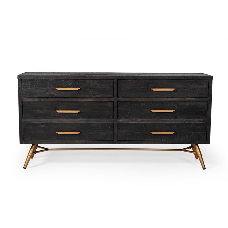 Pemberly Row 6-Drawer Recycled Pine Dresser in Dark Brown/Antique Brass Finish