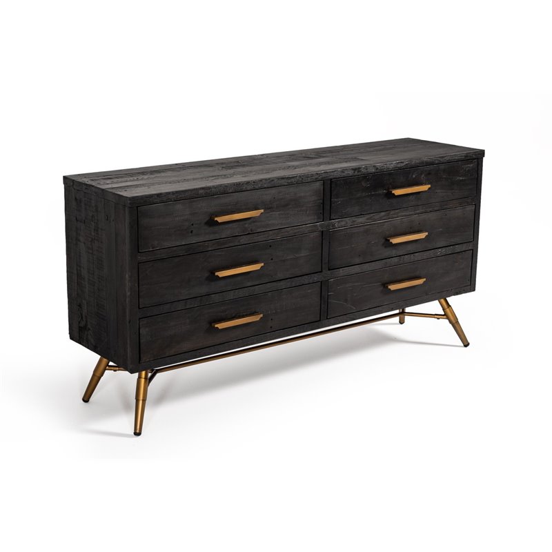 Pemberly Row 6-Drawer Recycled Pine Dresser in Dark Brown/Antique Brass Finish