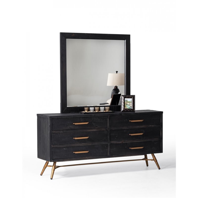 Pemberly Row 6-Drawer Recycled Pine Dresser in Dark Brown/Antique Brass Finish