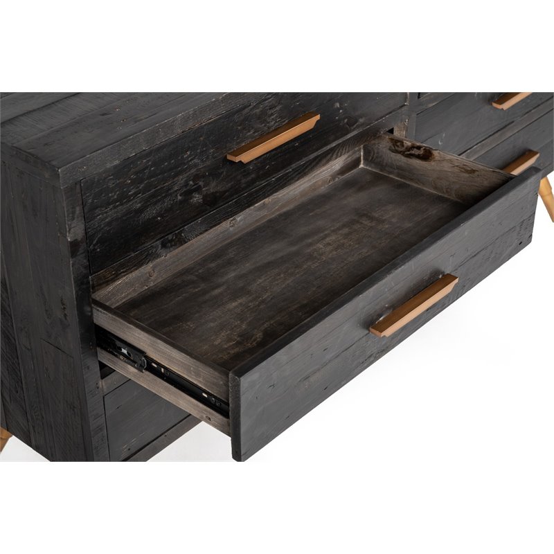 Pemberly Row 6-Drawer Recycled Pine Dresser in Dark Brown/Antique Brass Finish