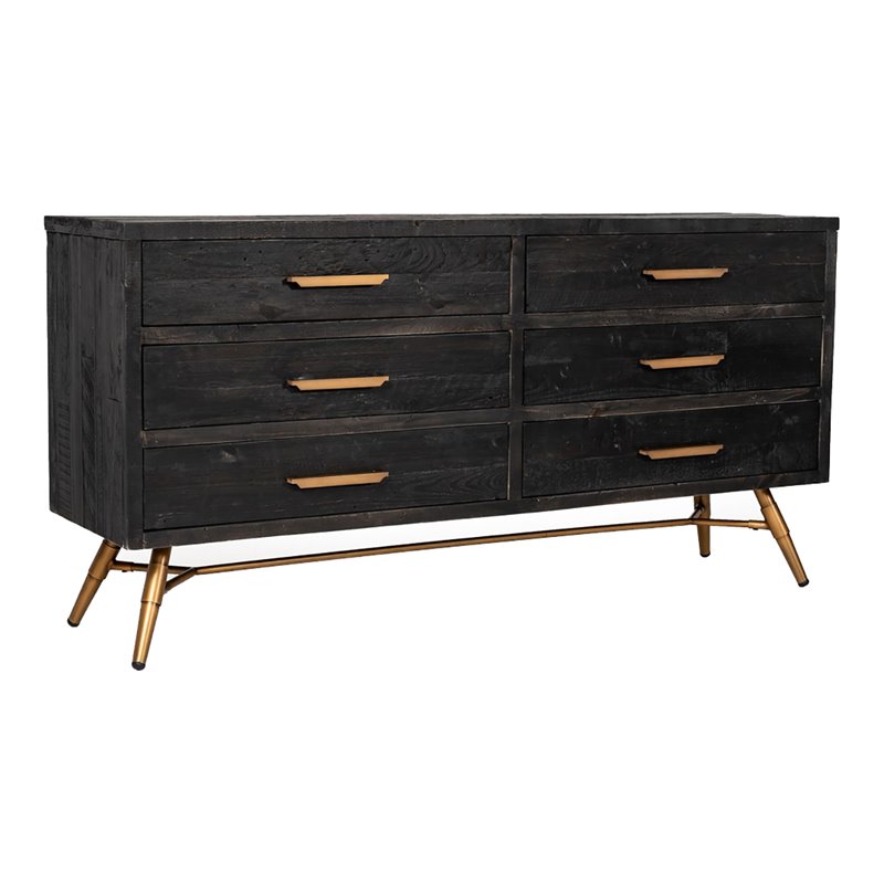 Pemberly Row 6-Drawer Recycled Pine Dresser in Dark Brown/Antique Brass Finish