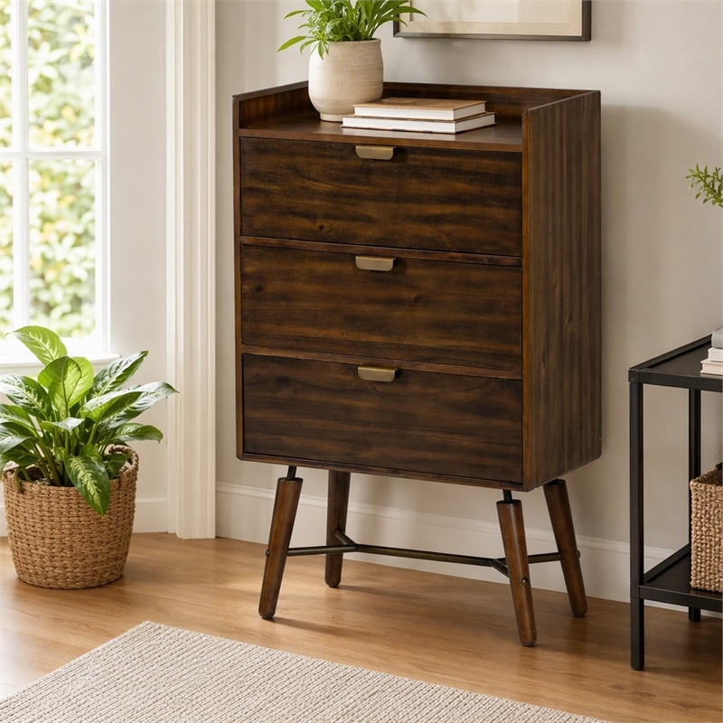Pemberly Row Mid-Century Acacia Wood Chest with Metal Drawer Glides in Brown