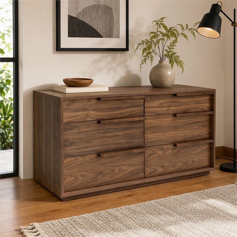 Pemberly Row Modern 6-Drawer Bedroom Dresser in Walnut Veneer