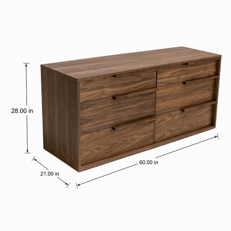 Pemberly Row Modern 6-Drawer Bedroom Dresser in Walnut Veneer